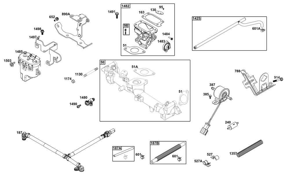 Throttle Body And Fuel Supply Group Diagram and Parts List for 61E377-0065-J1 400000 - 699999 Briggs and Stratton Engine